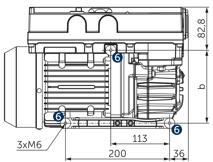 BECKER O 5.21 XL · Vista en planta de la ejecución XL, depósito de aceite de 0,5 L y longitud de depósito de 309 mm.