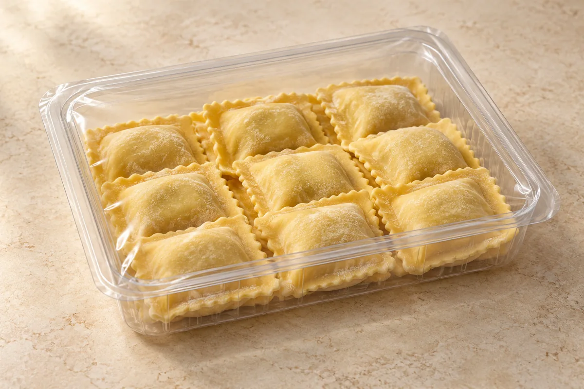 Pasta fresca tipo ravioli envasada en bandeja transparente sellada