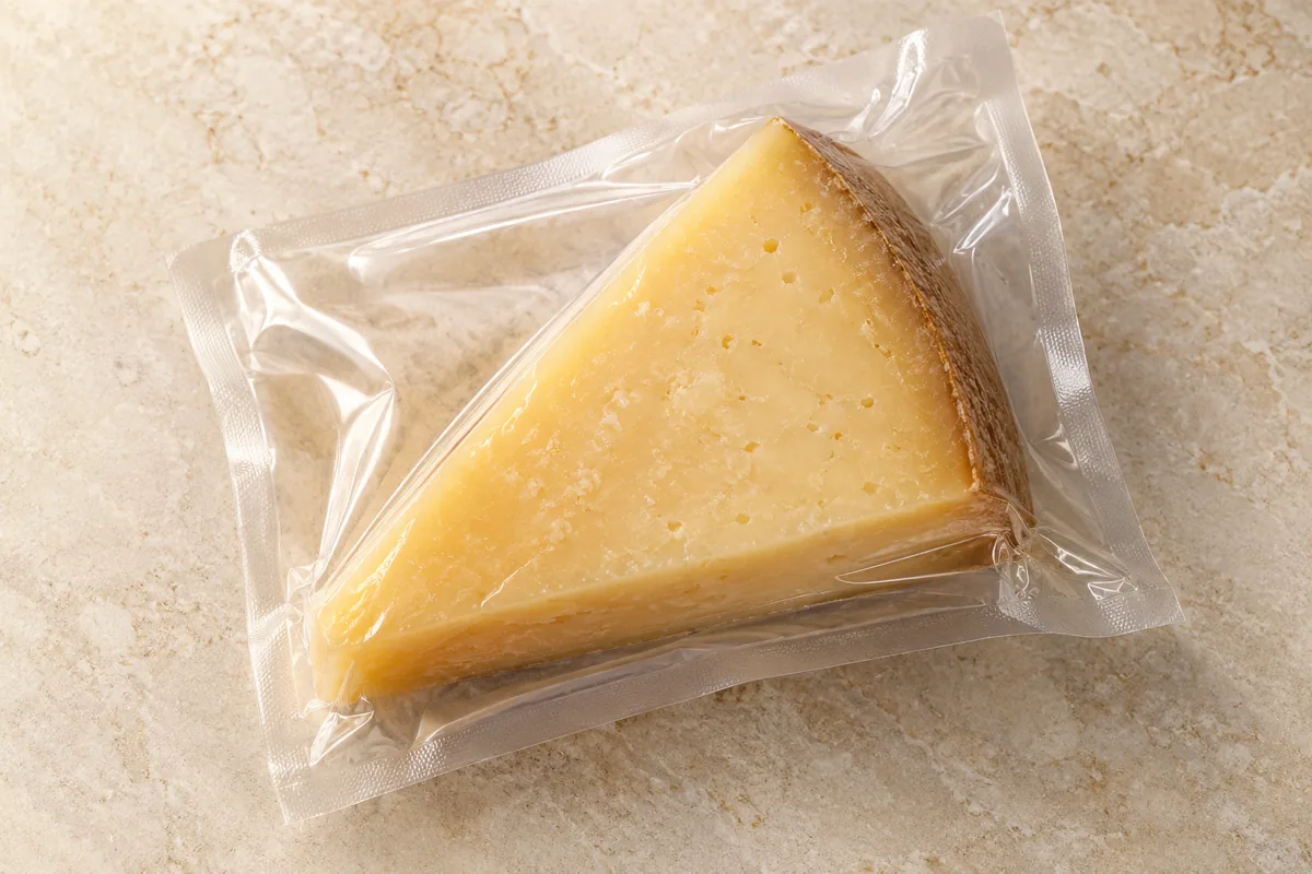 Escena ilustrativa de una cuña de queso en una bolsa sellada al vacío