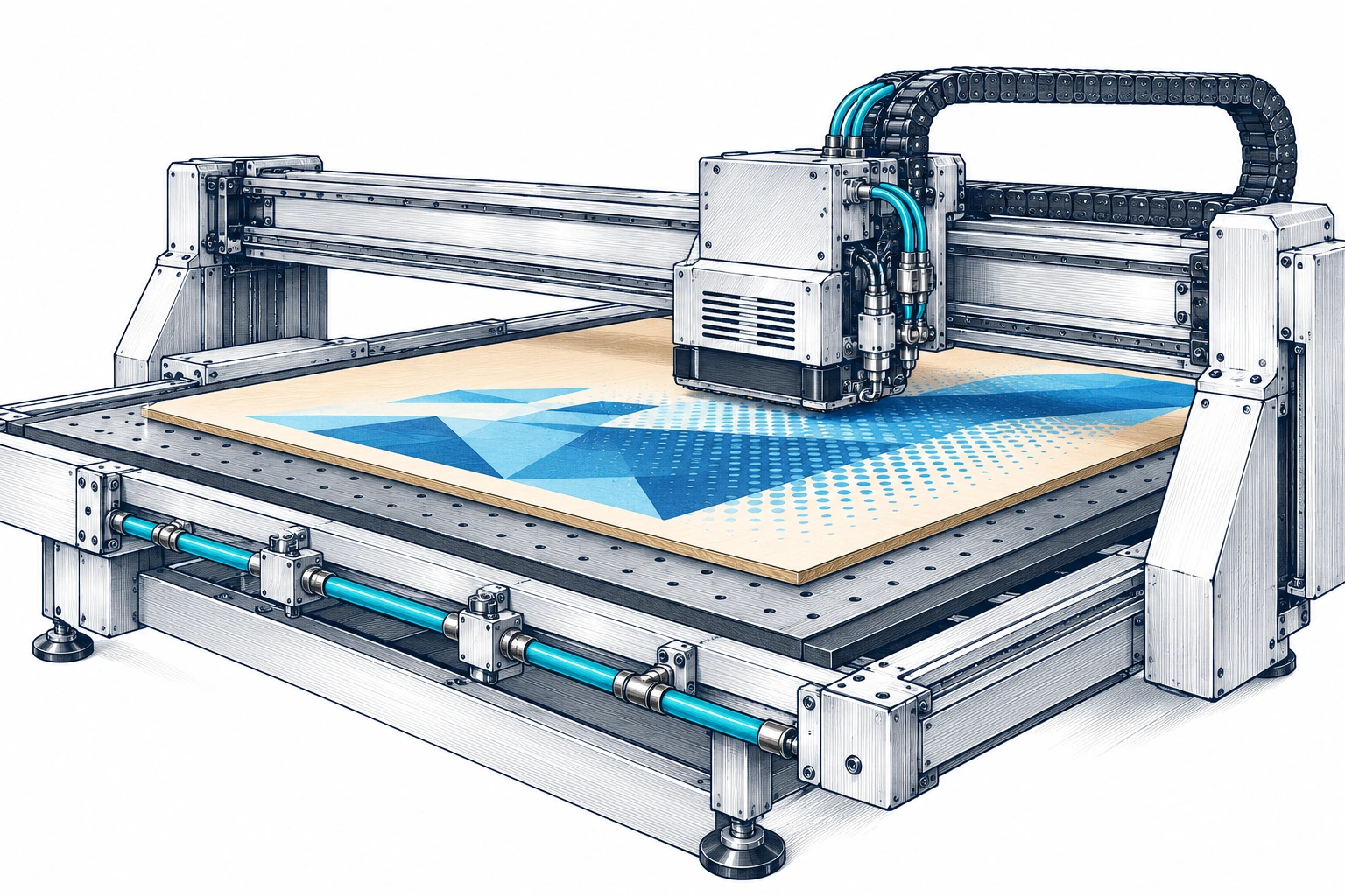 Ilustración técnica de un tablero sujeto por vacío durante el mecanizado CNC