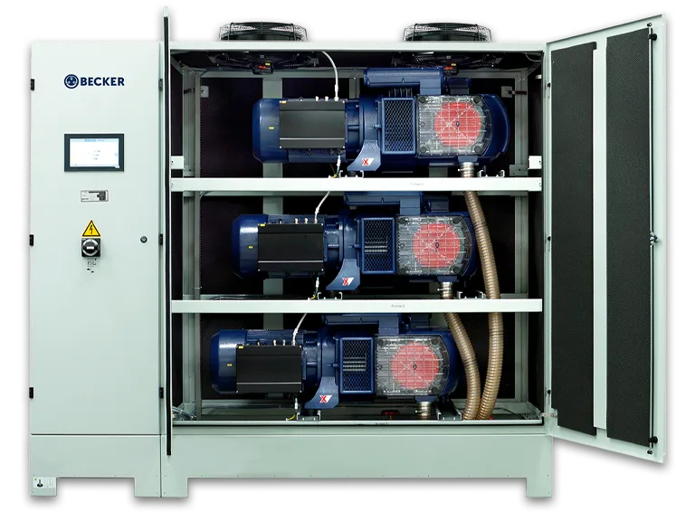 Sistema central BECKER VARIAIR Central System con armario abierto, equipo completo con fondo transparente