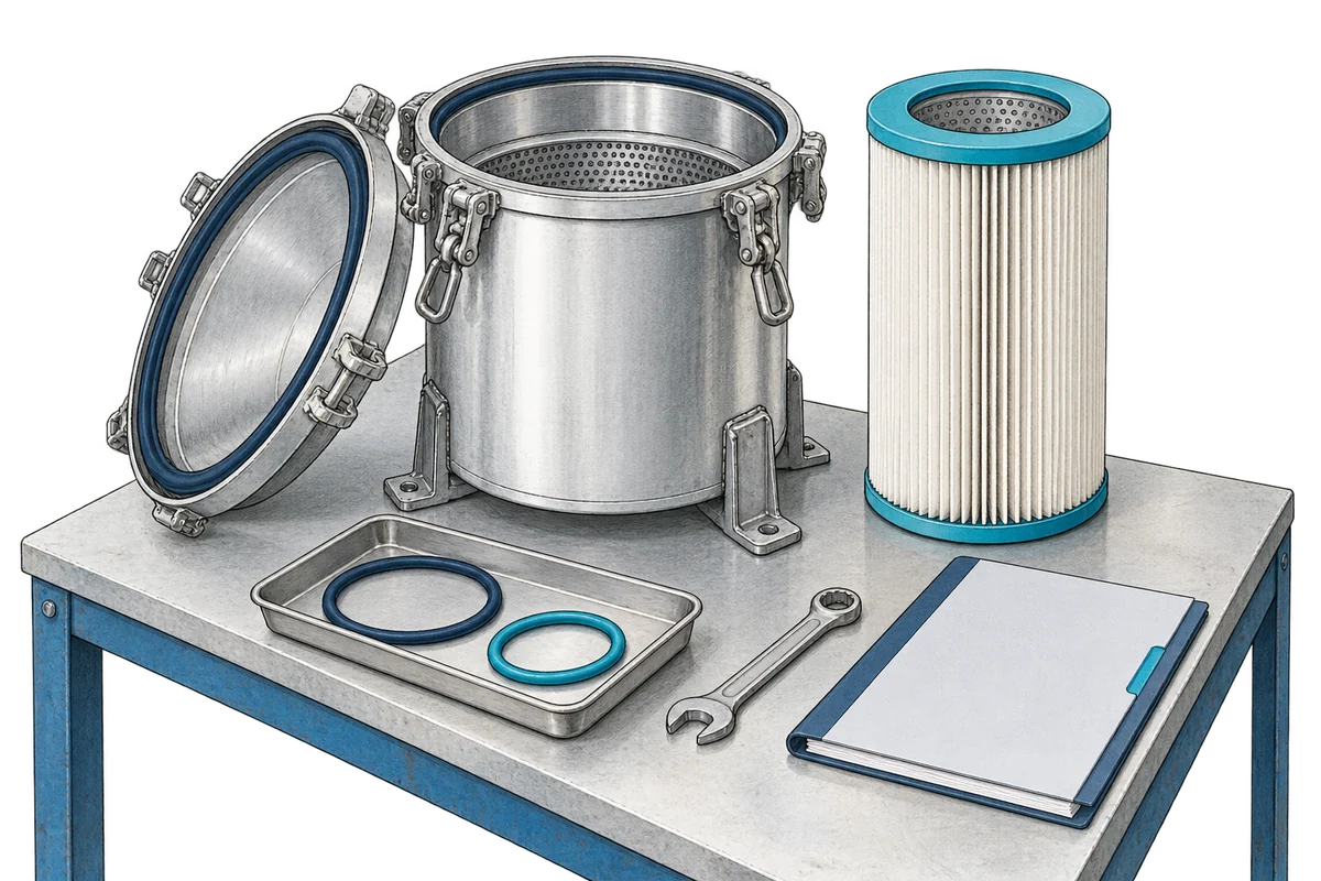 Carcasa de filtro externo desmontada con cartucho, juntas y elementos ordenados para una revisión de mantenimiento; guía para laboratorio y aplicaciones sanitarias