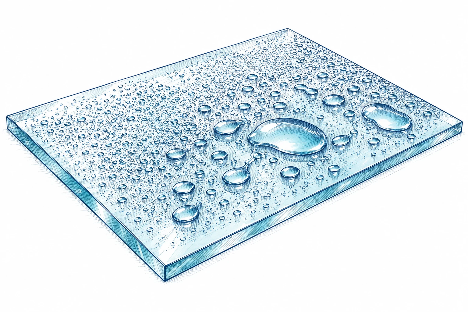 Dibujo técnico de gotas pequeñas y mayores sobre una lámina de material transparente.