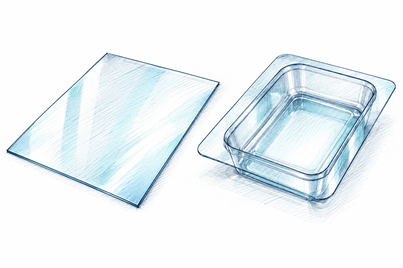 Dibujo técnico a trazo azul y sombreado turquesa de una lámina plástica plana y un ejemplo de envase conformado.