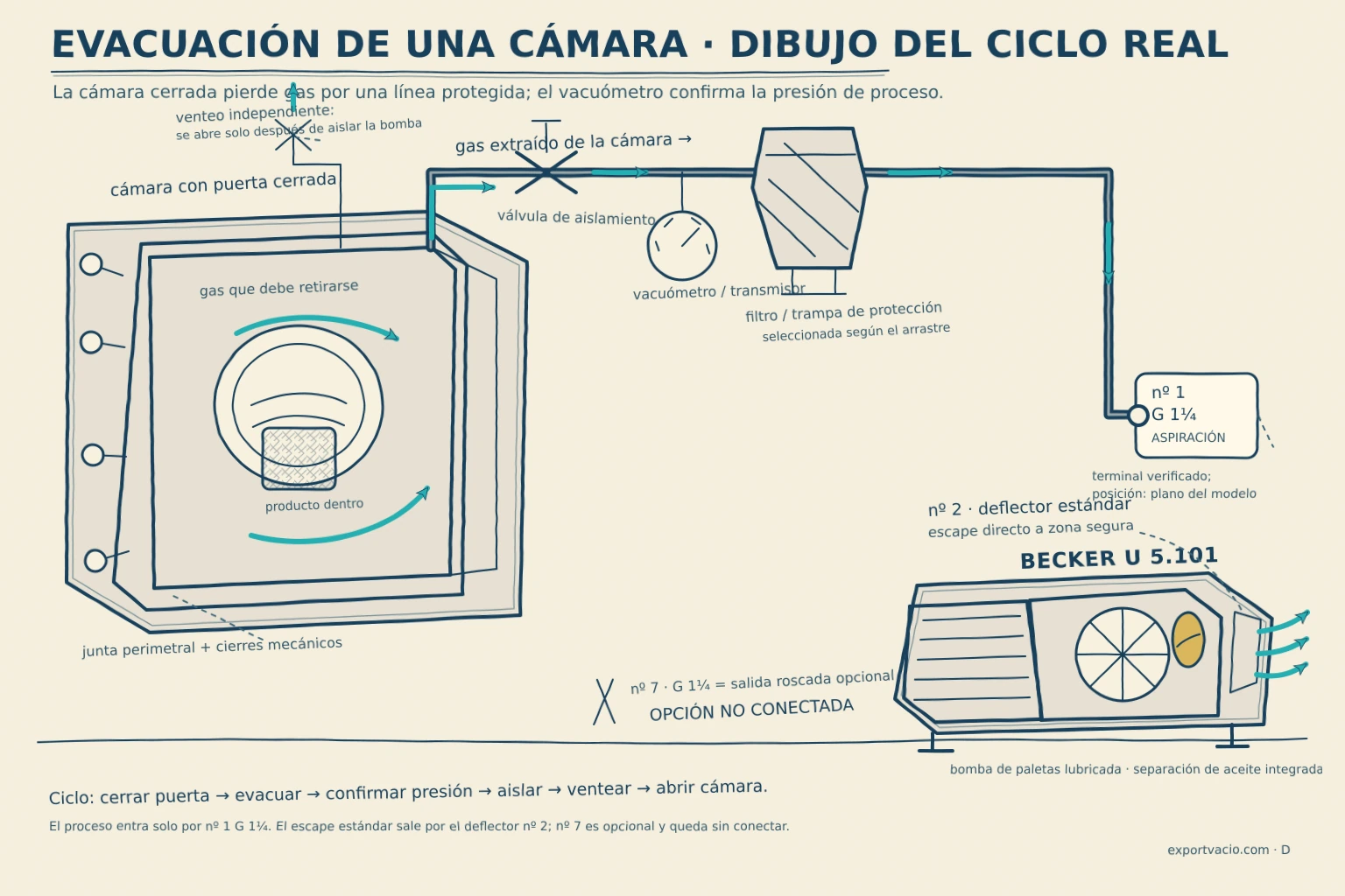 Dibujo técnico a mano del ciclo completo de evacuación de una cámara con una BECKER U 5.101.