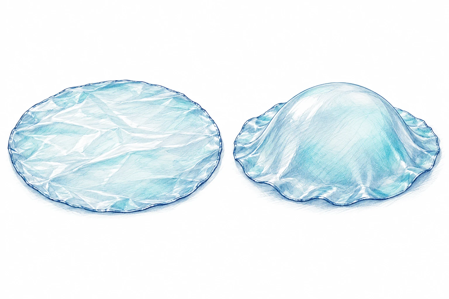 Dibujo técnico azul y turquesa de una lámina flexible plana y otra muestra suavemente abombada, sin soportes ni equipo.