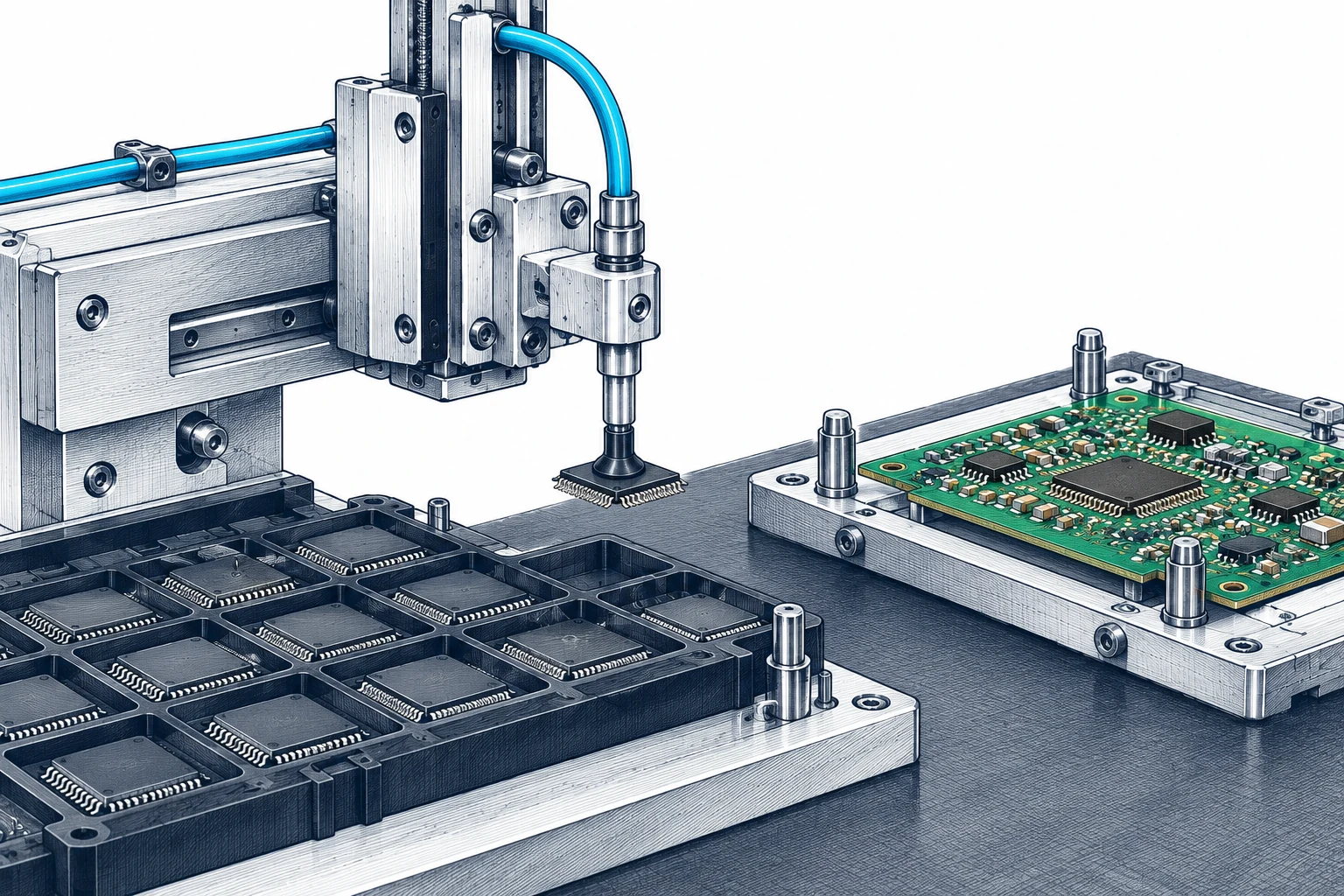 Boquilla de vacío que manipula un componente electrónico sobre una bandeja portapiezas.