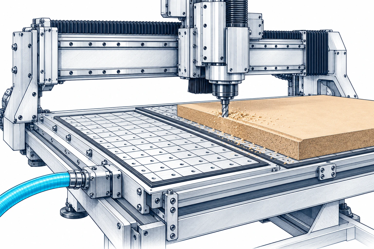 Mesa CNC con una pieza de MDF sujeta por vacío, zonas de trabajo delimitadas y manguera de aspiración.