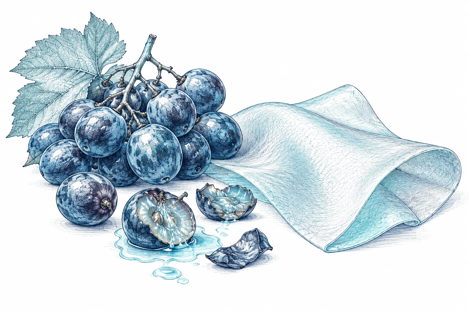 Dibujo técnico azul de uvas enteras y aplastadas, mosto y una lámina flexible