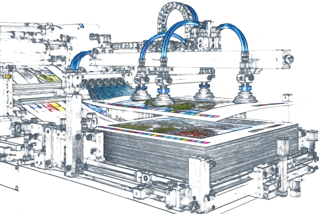 Dibujo técnico isométrico de alimentador de pliegos de imprenta offset con ventosas de vacío y boquillas de soplado