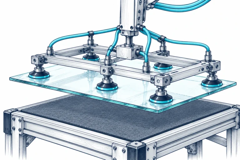 Útil de ventosas sujetando un panel de vidrio sobre una mesa.