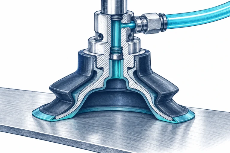 Detalle técnico del labio de una ventosa apoyado sobre una superficie industrial para conseguir estanqueidad