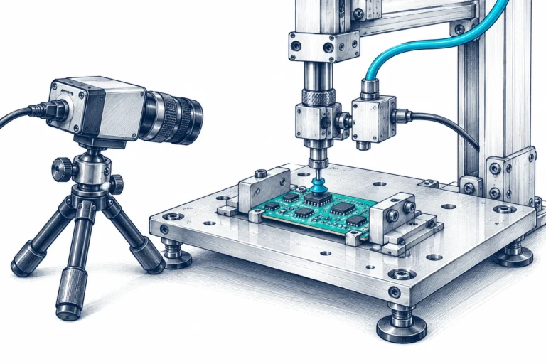 Cámara de observación en trípode dirigida a un útil de PCB y al punto de medida próximo.