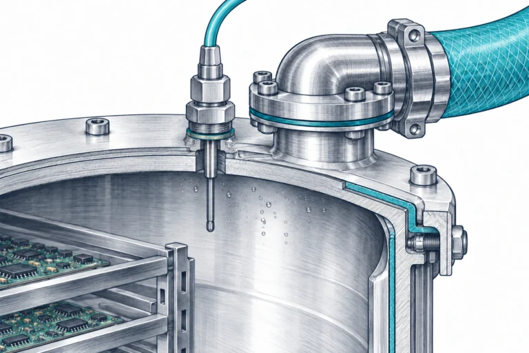 Detalle conceptual de la salida de una cámara con sonda de temperatura y pequeñas gotas en la cara interna.