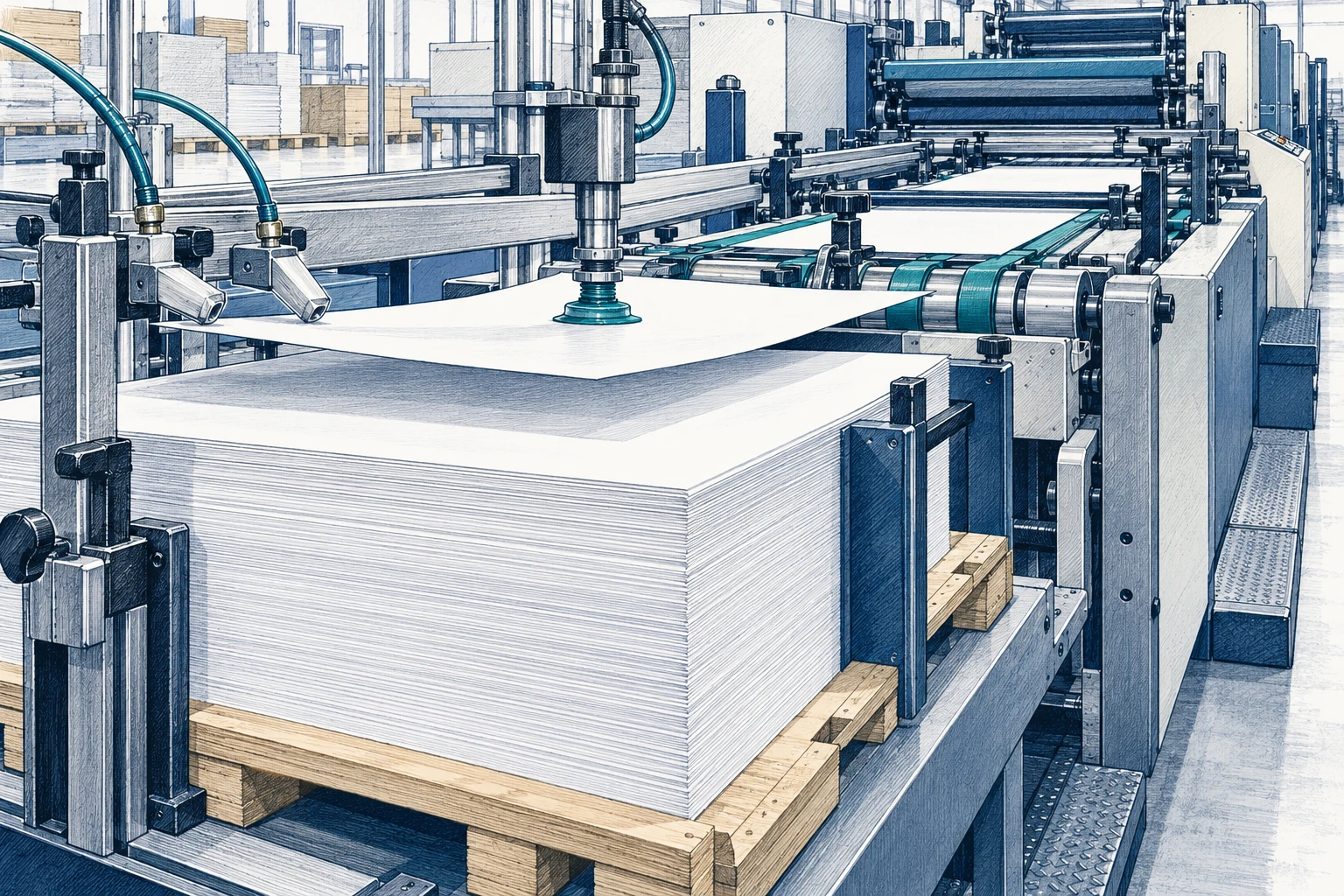 Alimentador industrial de papel con toma de una hoja mediante ventosas y separación en el borde de la pila.