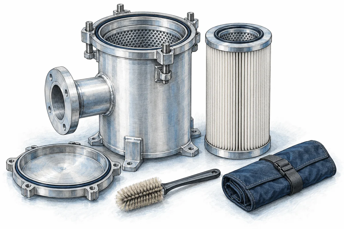 Alojamiento de filtro abierto y cartucho para mantenimiento; guía para laboratorio y aplicaciones sanitarias