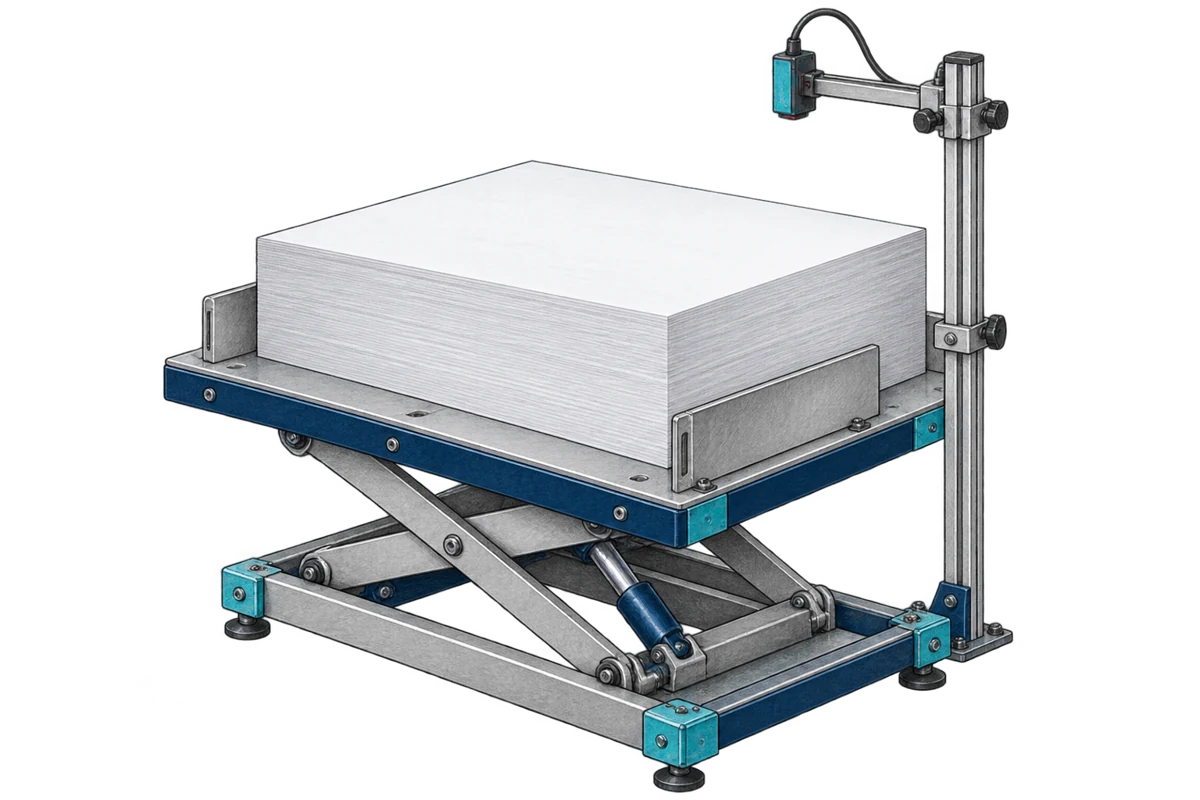 Pila de papel sobre plataforma elevadora con sensor lateral que observa la altura del pliego superior