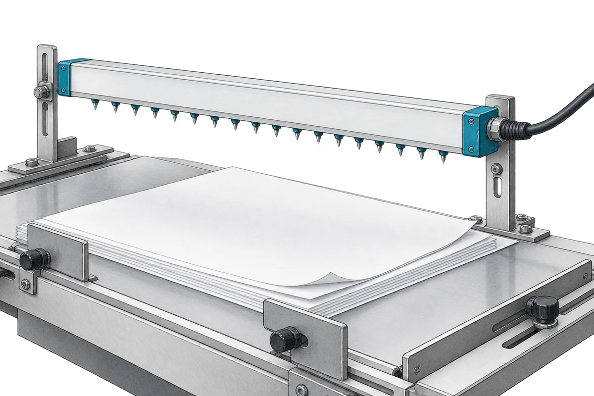 Barra antiestática instalada sobre hojas de papel separadas en una mesa de alimentación de imprenta