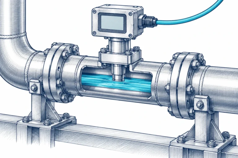 Dibujo técnico de un caudalímetro instalado en una conducción de gas con conexiones y tramo de medida identificables por su posición