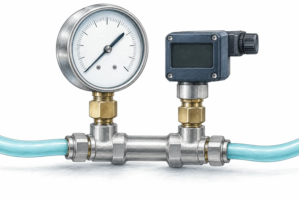 Manómetro y sensor para comprobar la presión de un circuito; guía para laboratorio y aplicaciones sanitarias