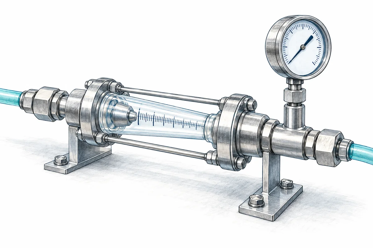 Indicador de caudal y manómetro conectados a una línea industrial; guía para laboratorio y aplicaciones sanitarias