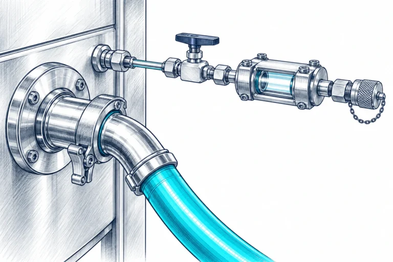 Dibujo técnico de una toma de muestra instalada junto a la conexión de aire de un proceso