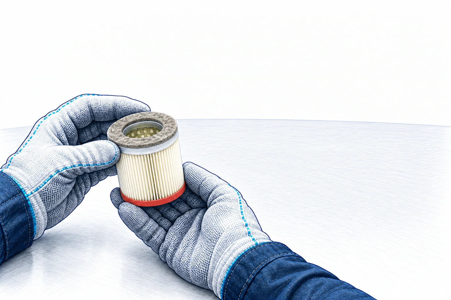 Manos con guantes inspeccionan un cartucho de filtro cilíndrico para BECKER VT 4.25, con pliegues claros, junta superior y base roja.