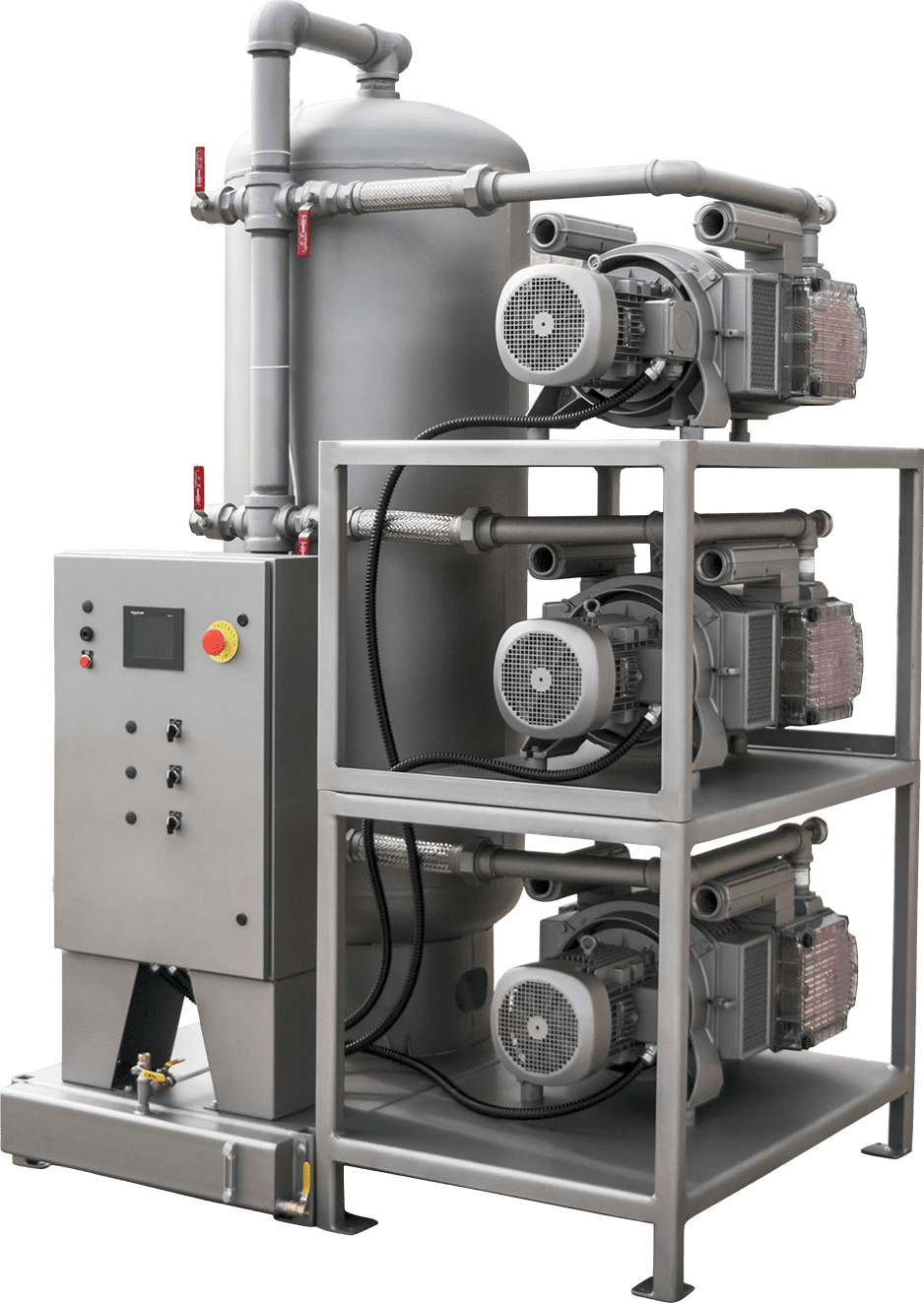 Sistema de vacío BECKER de Exportvacio con depósito, cuadro de control, tuberías y tres bombas
